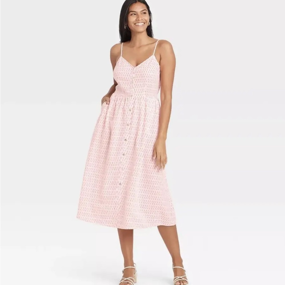 A New Day, button front, linen blend midi Spaghetti Strap Dress, sz xs